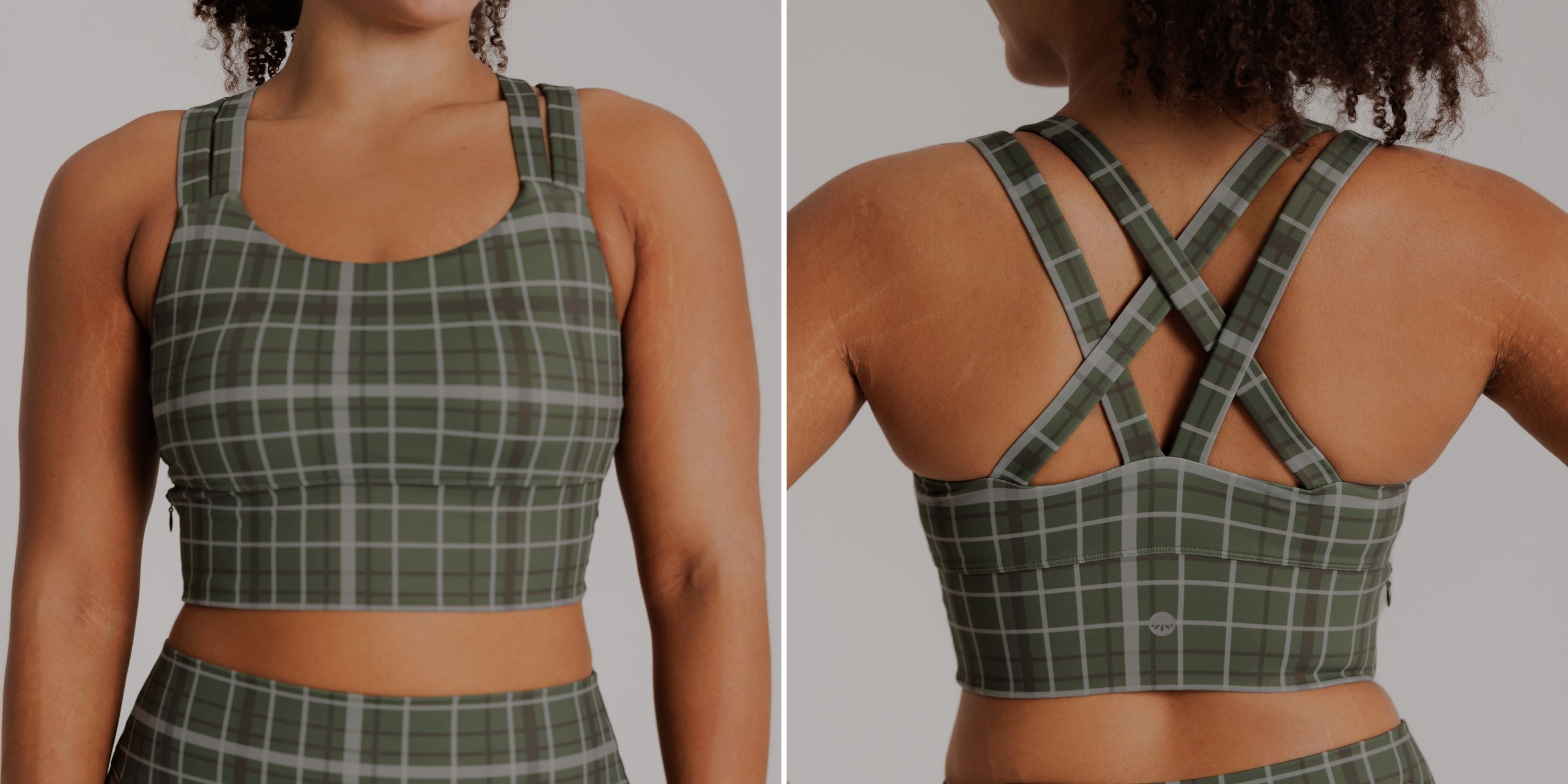 A split view of a woman modeling a green plaid sports bra and matching bottoms. The left side shows the front view of the sports bra, and the right side shows the back view with crisscross straps.