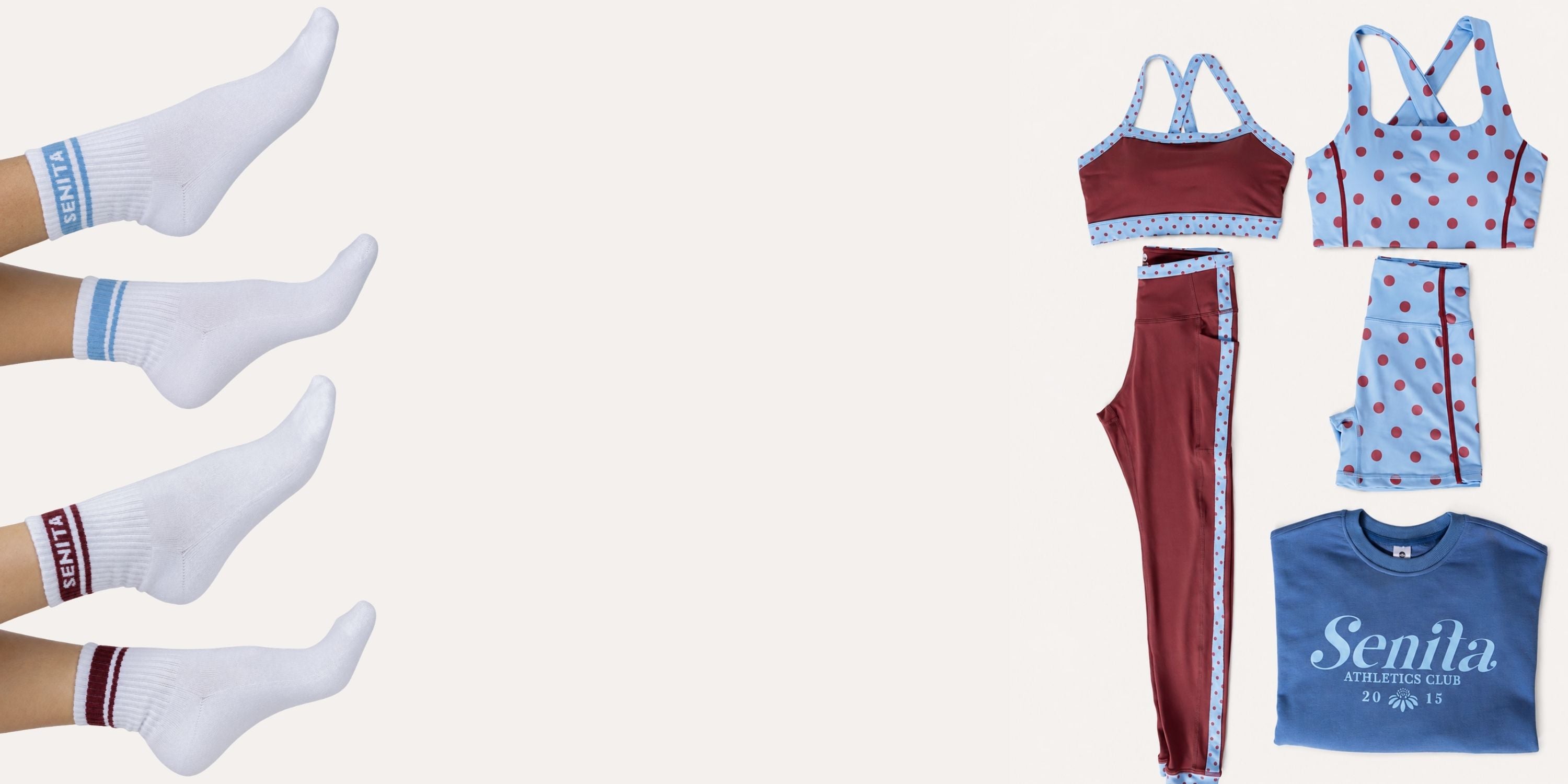 A coordinated sock and activewear set displayed on a light beige background. On the left, three lower legs wear white crew socks with blue and burgundy bands.