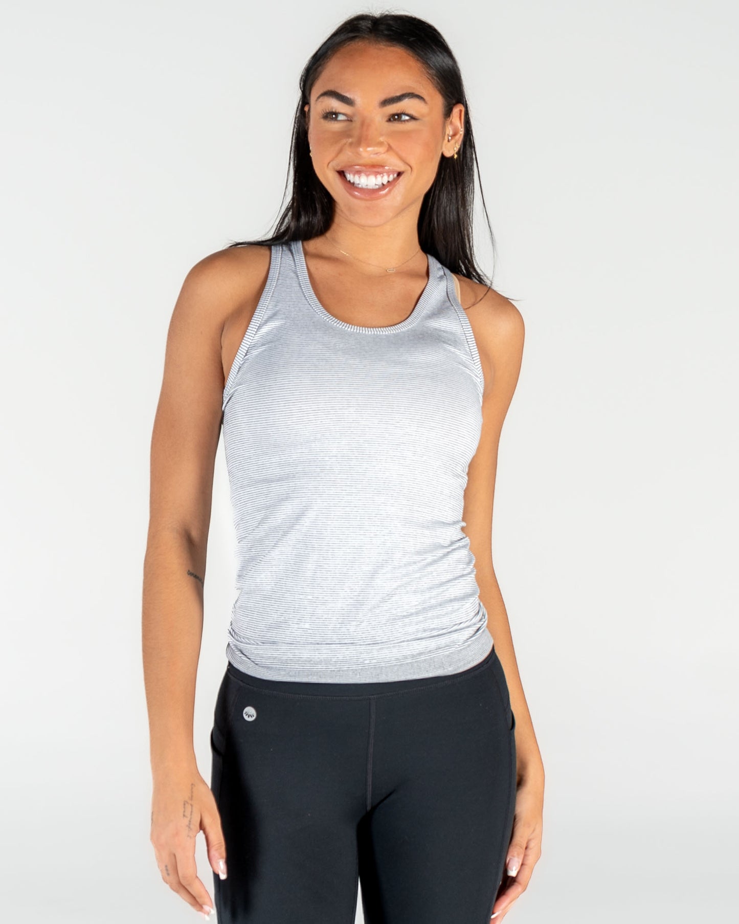 Essential Long Seamless Tank - Black and White Stripes