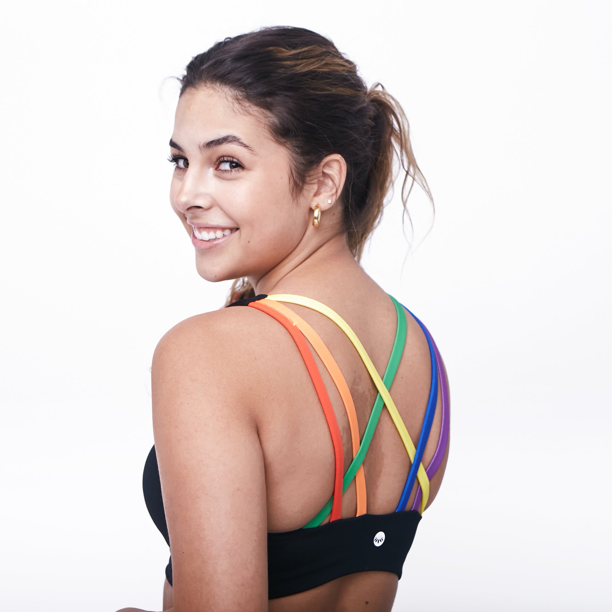 Black Rainbow Side Stripe Sports Bra, Women's Sportswear