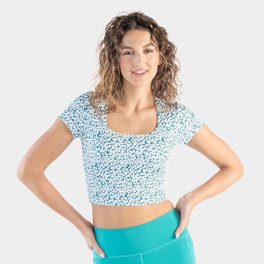 Cap Sleeve Crop Top - Composition Floral Teal - FINAL SALE