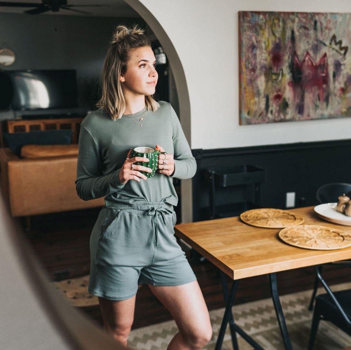 Ribbed Lounge Shorts - Green Tea - Senita Athletics