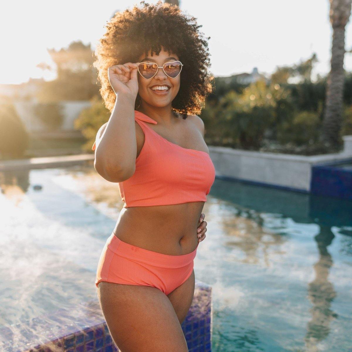 Ribbed Page High Waisted Swim Bottoms - Coral - Senita Athletics