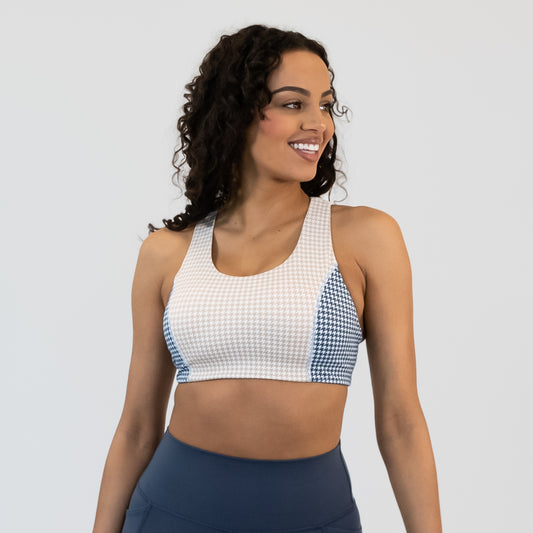 Strappy Sports Bra - Latte & Light Navy Houndstooth